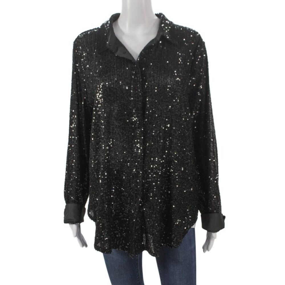 Halogen Women Basic Collared Button-Up Long Sleeve Black Top Size L